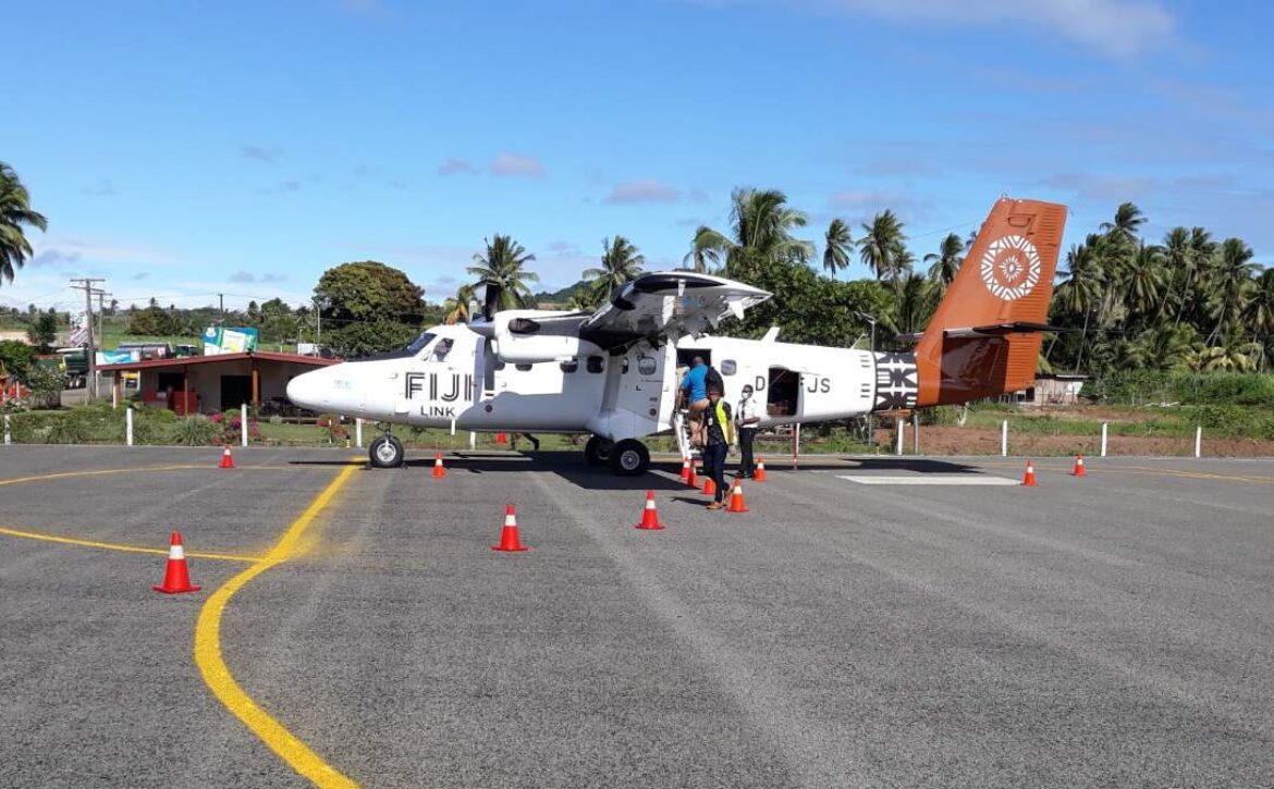 Fiji Airways plane on the tarmac at Waiqele Airport in Labasa.