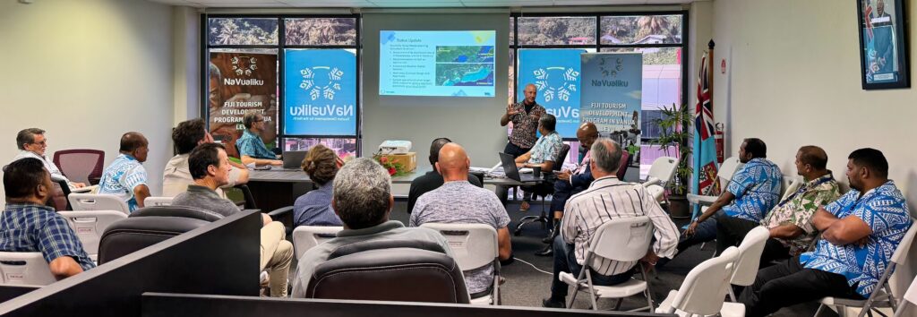 Tourism stakeholders in Savusavu participating in a meeting with project representatives to discuss airport and connectivity upgrades.